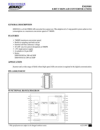 EMC EM19101 8-Bit 5 MSPS A/D Converter Datasheet - cover page