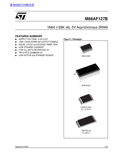 ST M68AF127B 1Mbit (128K x8) 5V Asynchronous SRAM Manual - cover page