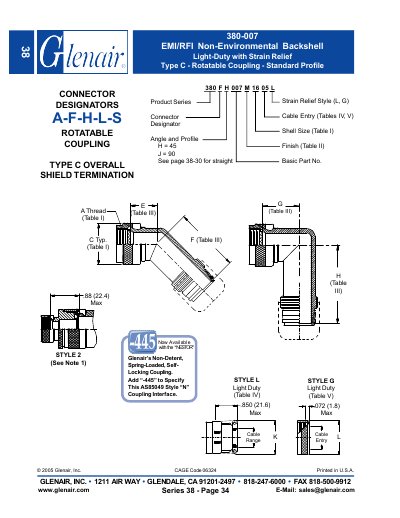 Glenair 380-007 Light‑Duty Backshell with Strain Relief Type C Rotatable Coupling – Product Specification - cover page