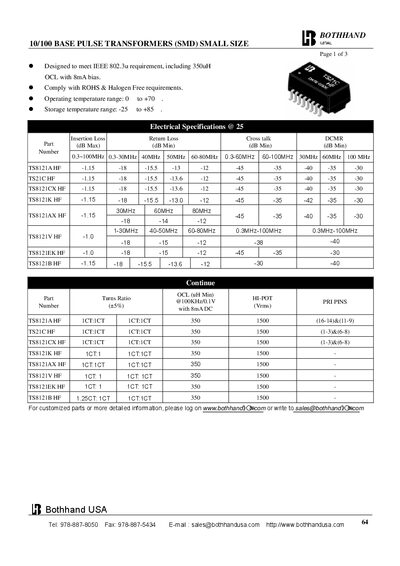 Bothhand 10/100 BASE Pulse Transformers (SMD) Datasheet