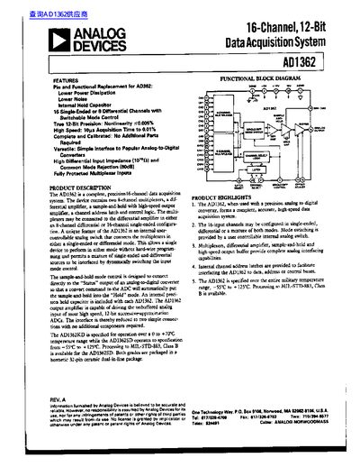 Analog Devices AD1362 16-Channel Data Acquisition System Datasheet - cover page