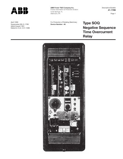 ABB SOQ Negative Sequence Time Overcurrent Relay User Manual - cover page