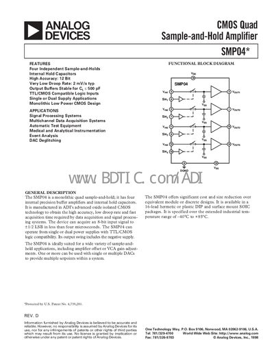 Analog Devices SMP04 Quad Sample‑and‑Hold Amplifier Datasheet - cover page