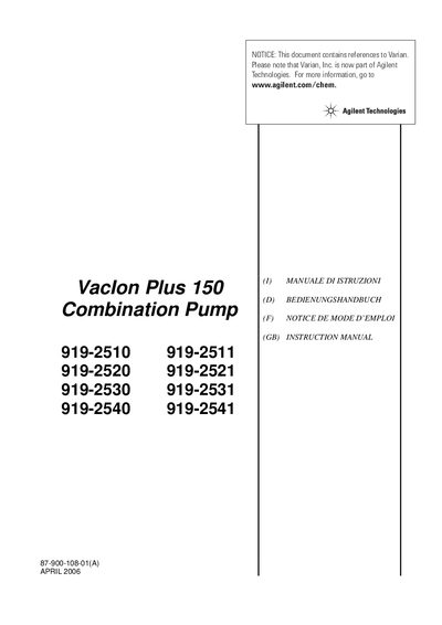 Agilent Technologies VacIon Plus 150 Combination Pumps 919-2510 handbook - cover page
