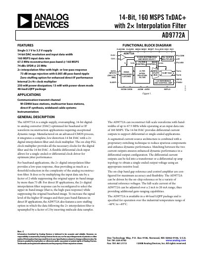 Analog Devices AD9772A 14‑Bit 160 MSPS TxDAC+ Datasheet - cover page