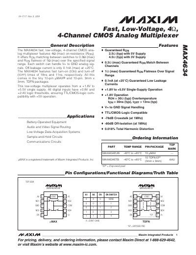 Maxim MAX4634 Fast Low-Voltage 4-Channel CMOS Analog Multiplexer Datasheet - cover page