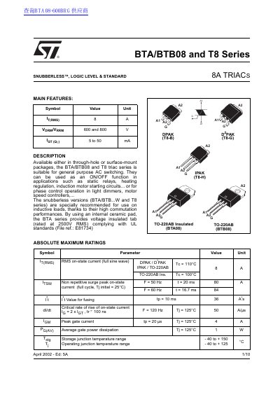 STMicroelectronics BTA/BTB08 and T8 Series Triac Datasheet - cover page