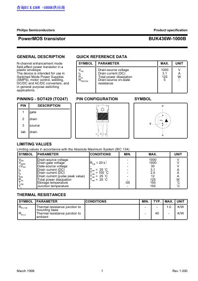 Philips BUK436W-1000B PowerMOS Transistor Product Specification - cover page