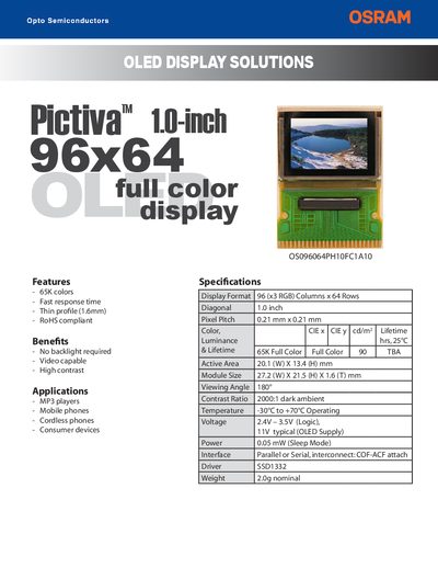 OSRAM Pictiva 1.0‑inch OLED Display Datasheet