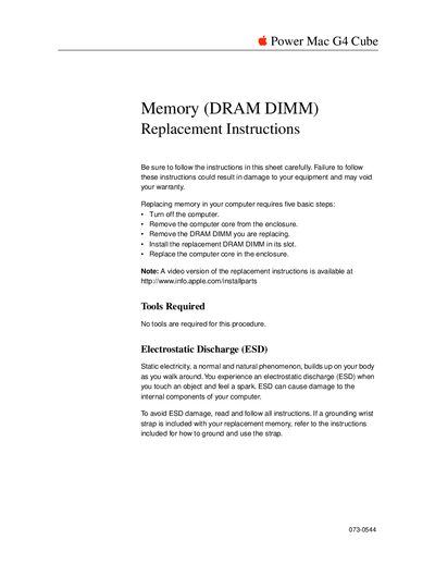 Apple Power Mac G4 Cube 073-0544 Memory (DRAM DIMM) Replacement Instructions - cover page