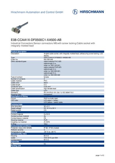 Hirschmann E08-CCAA1X-DF0500C1-XA500-AB Connector Datasheet - cover page