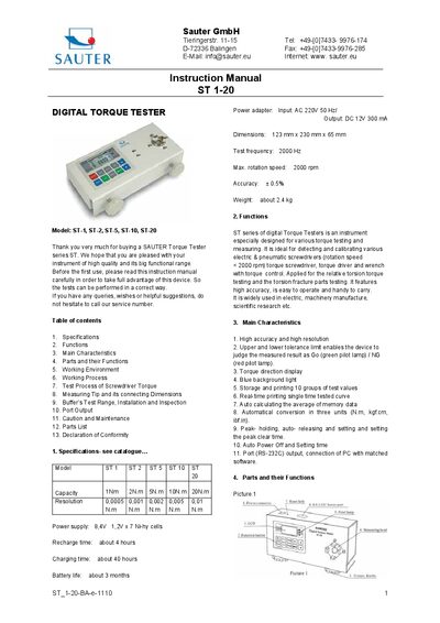 Sauter ST-1, ST-2, ST-5, ST-10, ST-20 Digital Torque Tester Instruction Manual - cover page