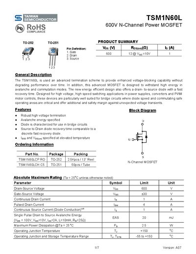 Taiwan Semiconductor TSM1N60L 600V N-Channel Power MOSFET Datasheet - cover page