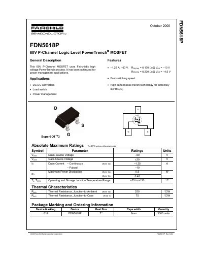 Fairchild FDN5618P 60V P-Channel PowerTrench MOSFET Datasheet - cover page