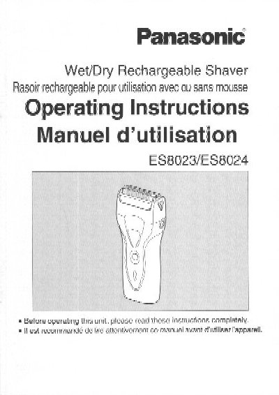Panasonic ES8023/ES8024 Wet/Dry Rechargeable Shaver Operating Instructions - cover page