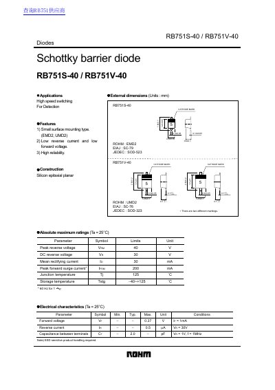 ROHM RB751S-40 / RB751V-40 Schottky Barrier Diode Datasheet - cover page