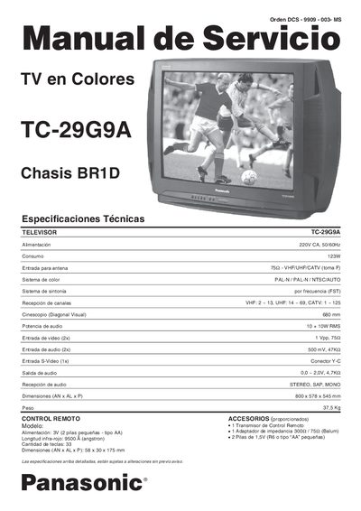 Panasonic TC-29G9A TV Service Manual - cover page