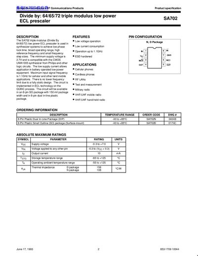 Philips SA702 Triple Modulus Low Power ECL Prescaler Datasheet - cover page