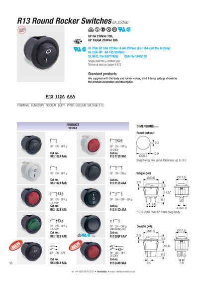 Arcolectric R13 Round Rocker Switches Handbook - cover page