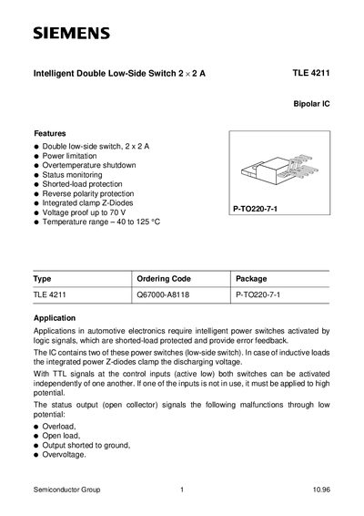 Siemens TLE 4211 Intelligent Double Low‑Side Switch Datasheet