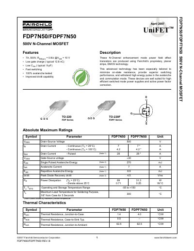 Fairchild FDP7N50/FDPF7N50 500V N-Channel MOSFET Datasheet - cover page