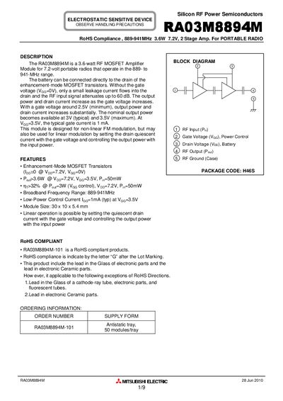 Mitsubishi Electric RA03M8894M RF Power Amplifier Module Datasheet - cover page