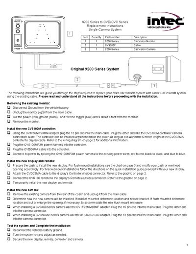 Car Vision 9200 Series System Replacement Instructions - cover page