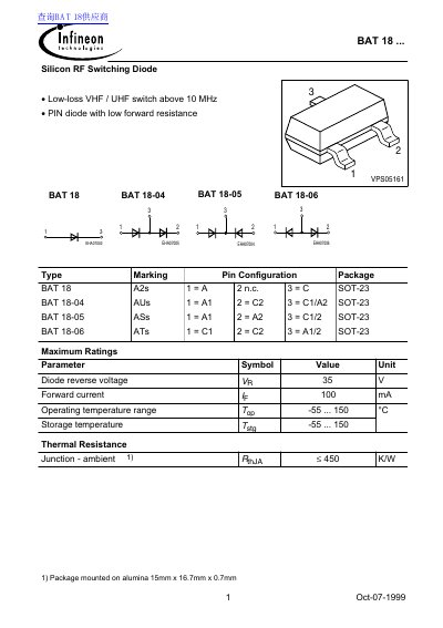 Infineon BAT 18 Series Silicon RF Switching Diode Datasheet - cover page