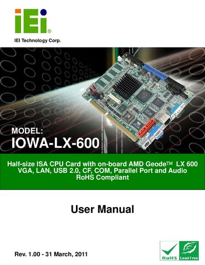 IEI Technology IOWA-LX-600 Half-size CPU Card User Manual - cover page