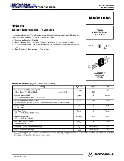 Motorola MAC218A8 Triac Datasheet - cover page