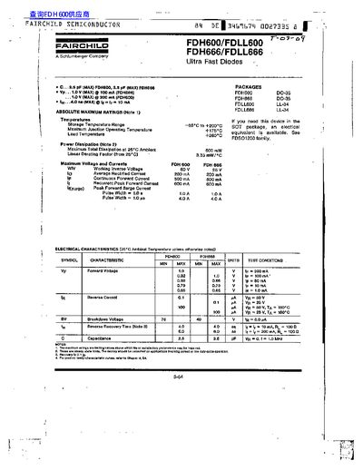 Fairchild Semiconductor FDH600/FDLL600/FDH666/FDLL666 Ultra Fast Diodes Datasheet - cover page