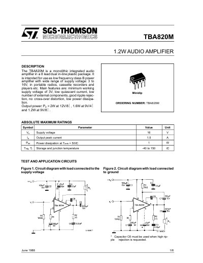 SGS-Thomson TBA820M 1.2W Audio Amplifier Datasheet - cover page