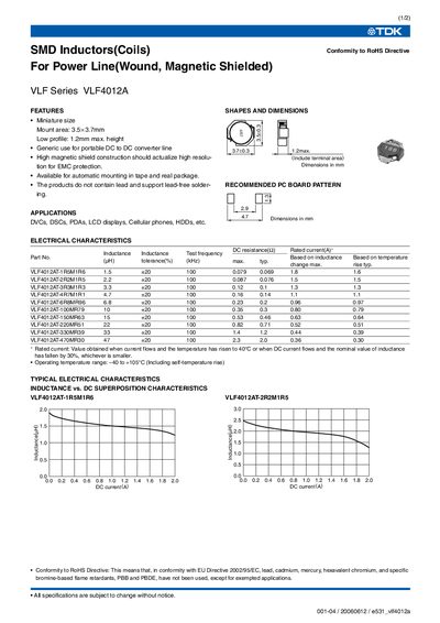 TDK VLF4012A SMD Inductor Datasheet - cover page