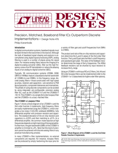 Linear Technology Design Note 476 Precision Matched Baseband Filter ICs Outperform Discrete Implementations - cover page