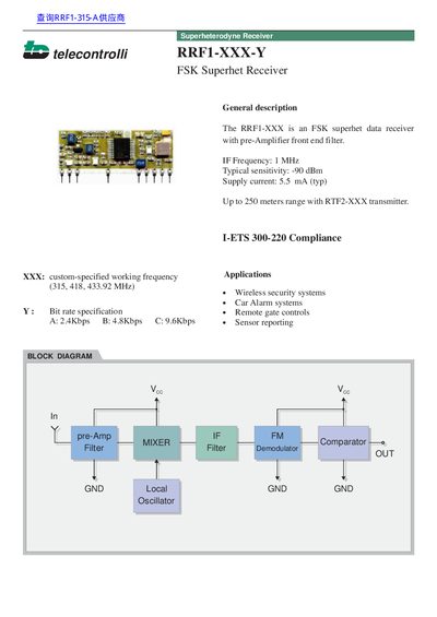 telecontrolli RRF1-XXX-Y FSK Superhet Receiver Datasheet - cover page