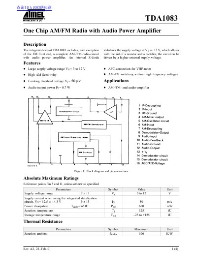 Atmel TDA1083 One Chip AM/FM Radio with Audio Power Amplifier Datasheet - cover page