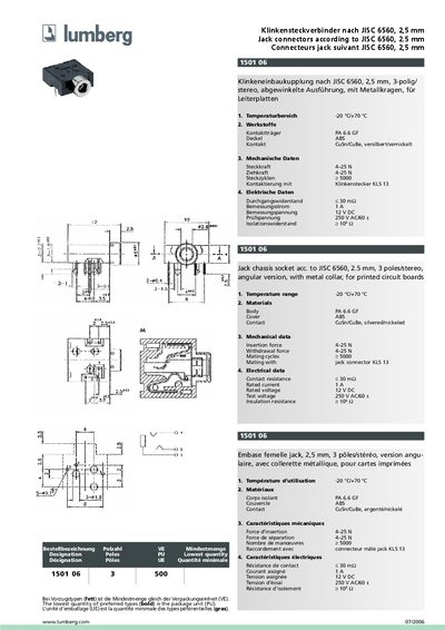 Lumberg JISC 6560 2.5 mm Jack Connector Product Data Sheet - cover page
