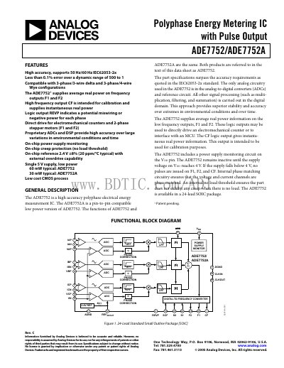 Analog Devices ADE7752/ADE7752A Energy Metering IC Datasheet - cover page