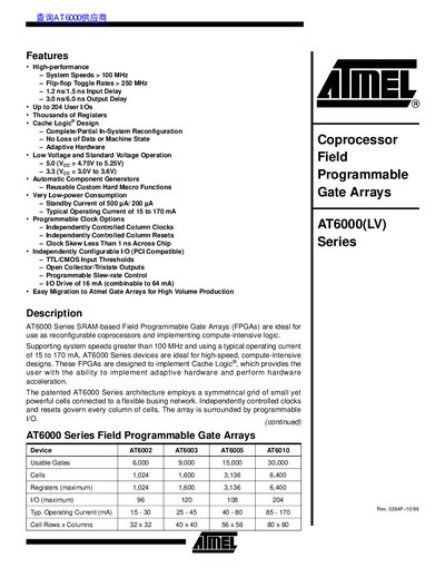 Atmel AT6000(LV) Series FPGA Handbook - cover page