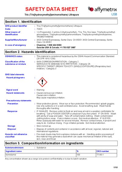 Tris Ultrapure Safety Data Sheet - cover page