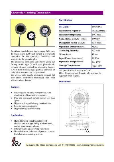 PROWAVE M165D25 Ultrasonic Atomizing Transducer Product Data Sheet - cover page