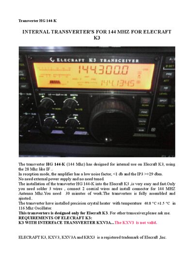 Elecraft HG 144-K Transverter Installation Guide - cover page