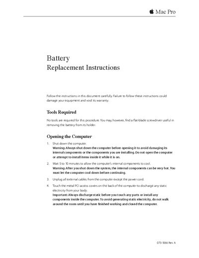 APPLE Mac Pro 073-1066 Rev. A Battery Replacement Instructions - cover page