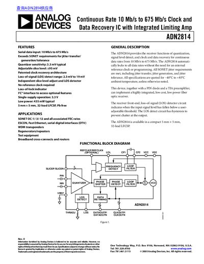 Analog Devices ADN2814 Data Recovery IC Datasheet - cover page