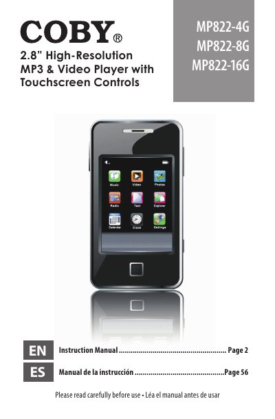 Coby MP822-4G/-8G/-16G Video MP3 Player Instruction Manual
