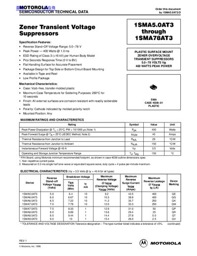 Motorola SMA5.0AT3 through SMA78AT3 Zener Overvoltage Suppressor Specification - cover page