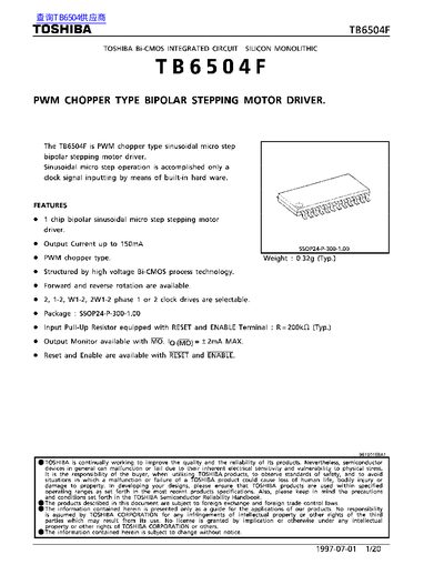 Toshiba TB6504F PWM Chopper Bipolar Stepping Motor Driver Datasheet - cover page