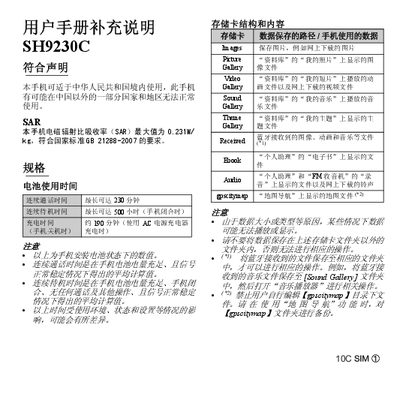 SH9230C Phone User Manual Supplement - cover page