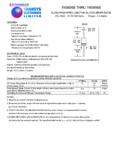 Transys Electronics Limited 1N5926B through 1N5956B Zener Diode Datasheet - cover page