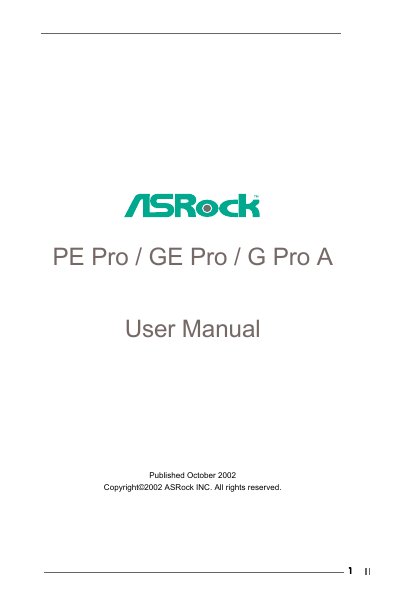 ASRock PE Pro / GE Pro / G Pro A Motherboard User Manual